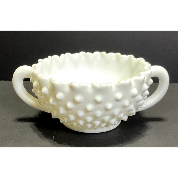 Vtg Fenton Hobnail Sugar Dish Milk Glass Other - Vtg Fenton Hobnail Milk Glass Handled Sugar Dish w/ Crimped Edges 2.5"H x 5" Dia